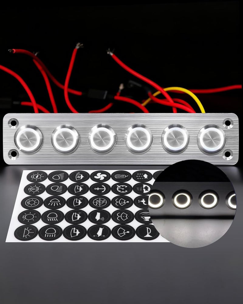 IZTOSS 6 Gang Aluminum Marine Rocker Switch Panel - Pre-Wired with White LED Indicator, 12-24 V Multi-Function Rocker Switch - Ideal for Marine motorhomes, Yachts - Image 1